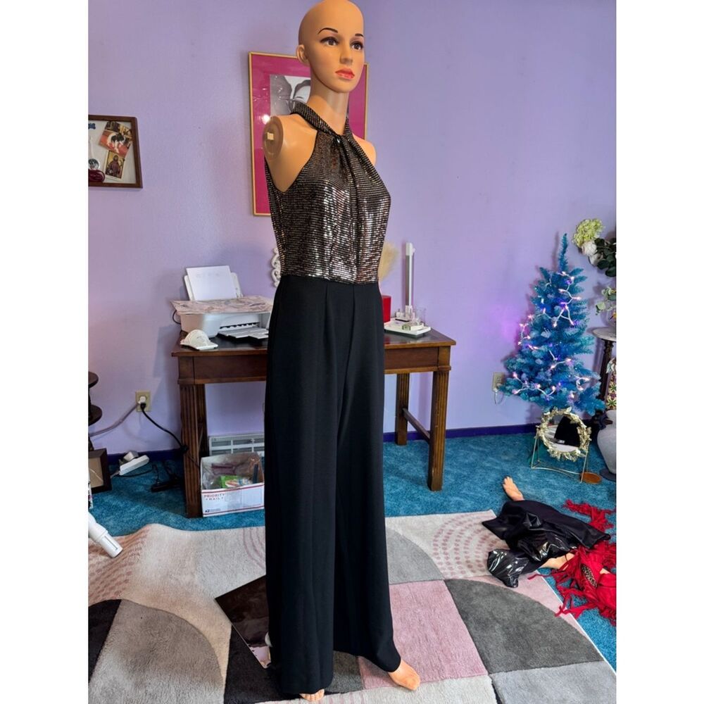 Sequin Halter Jumpsuit in Black and Bronze Gold - Picture 6 of 12